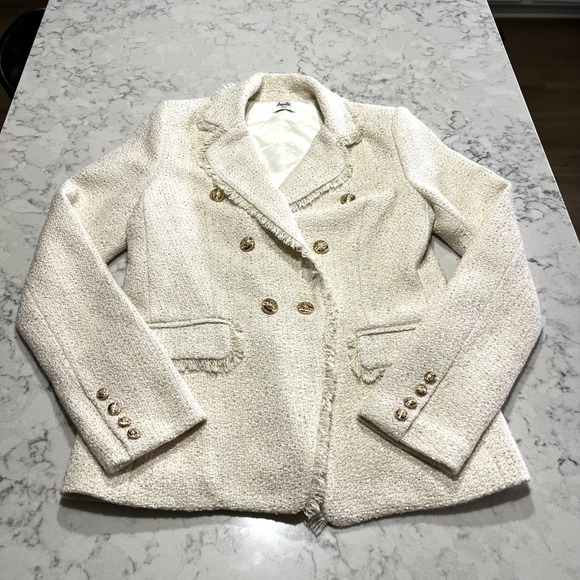 NWOT Amalli Talli Blazer Small Tall Ivory Gold Fringe Tweed Double Breasted - Picture 1 of 11